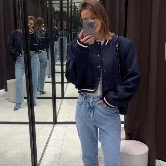 Zara Dark Blue Bomber Jacket with White Details - Picture 5 of 9